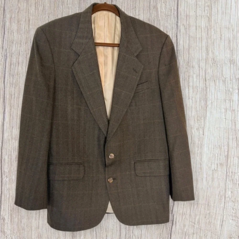 Oscar de la Renta Mens Brown Windowpane Plaid Blazer Sport Coat 40R